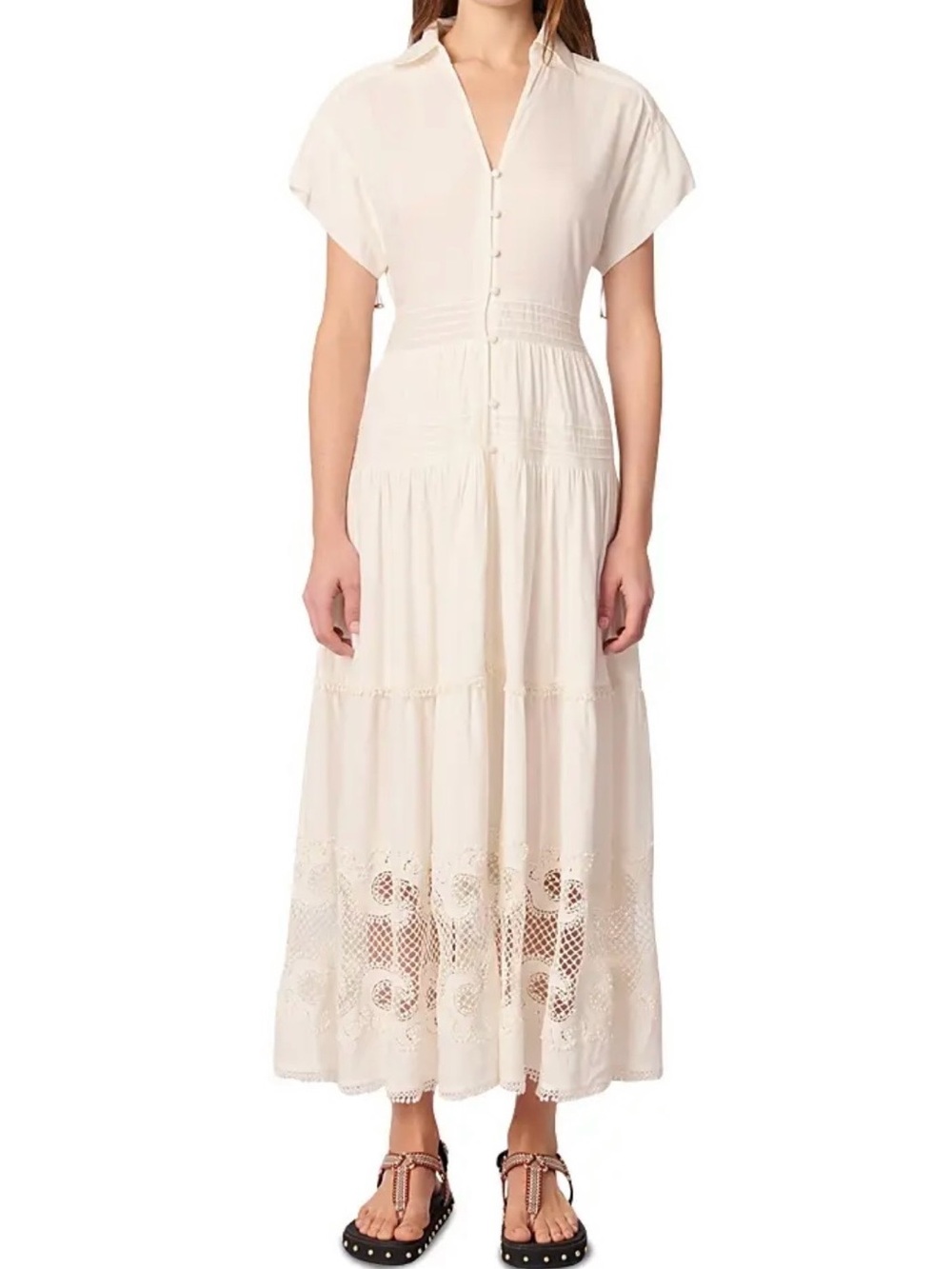Maje Cream Button-Front Maxi Dress with Lace Design Size 38=US Size 6/8 - Picture 2 of 16